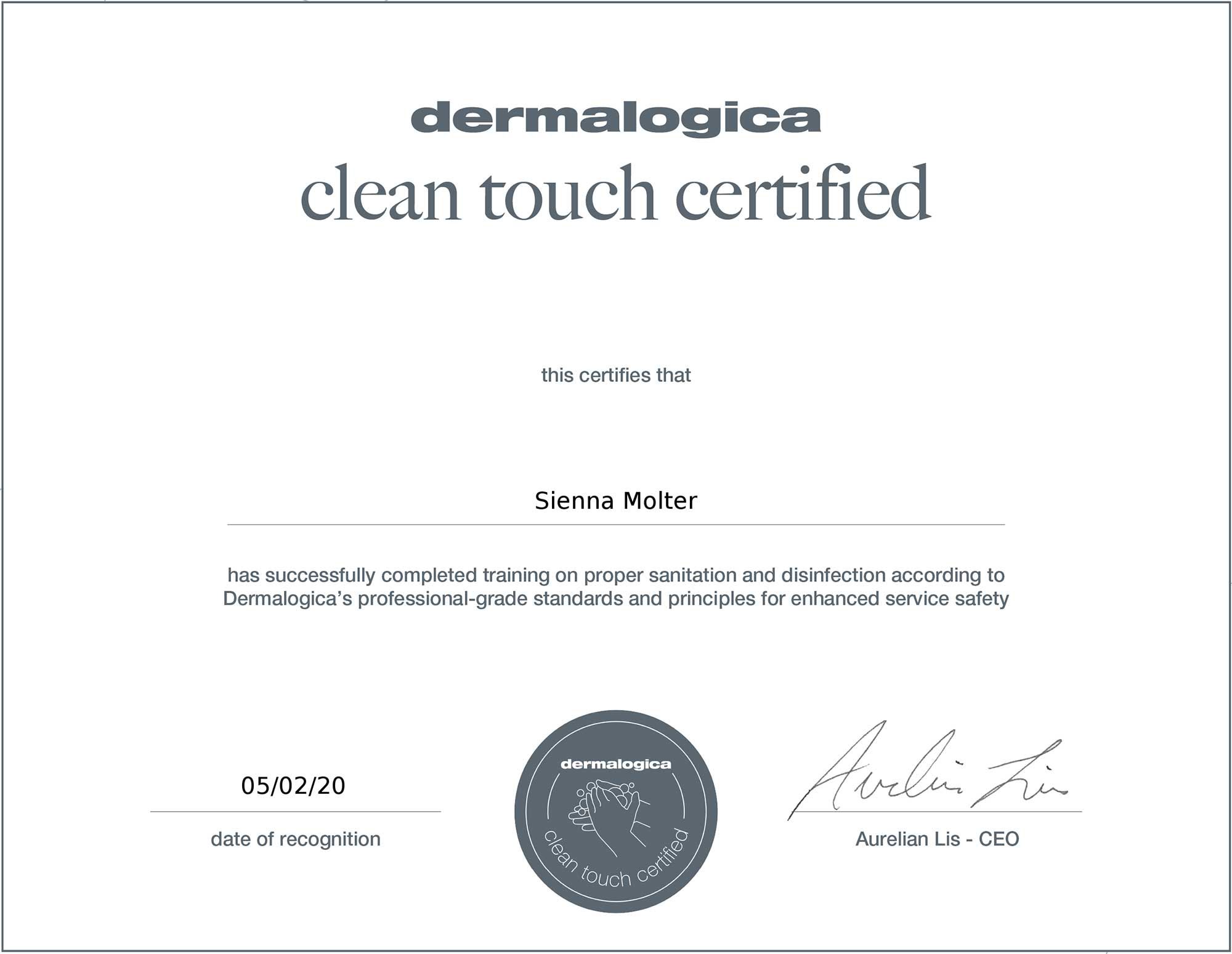 Sienna Skin and Beauty Dermalogica Clean Touch Certified
